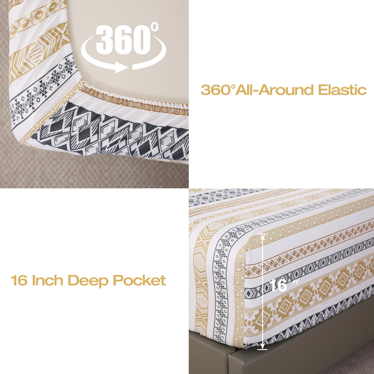 Yibeizi Striped Printed Sheet Set Queen, Boho Pattern Bed Sheets Farmhouse Bedding Sheets & Pillowcases Soft Microfiber 15" Extra Deep Pocket Fitted Bedsheet 4 Piece