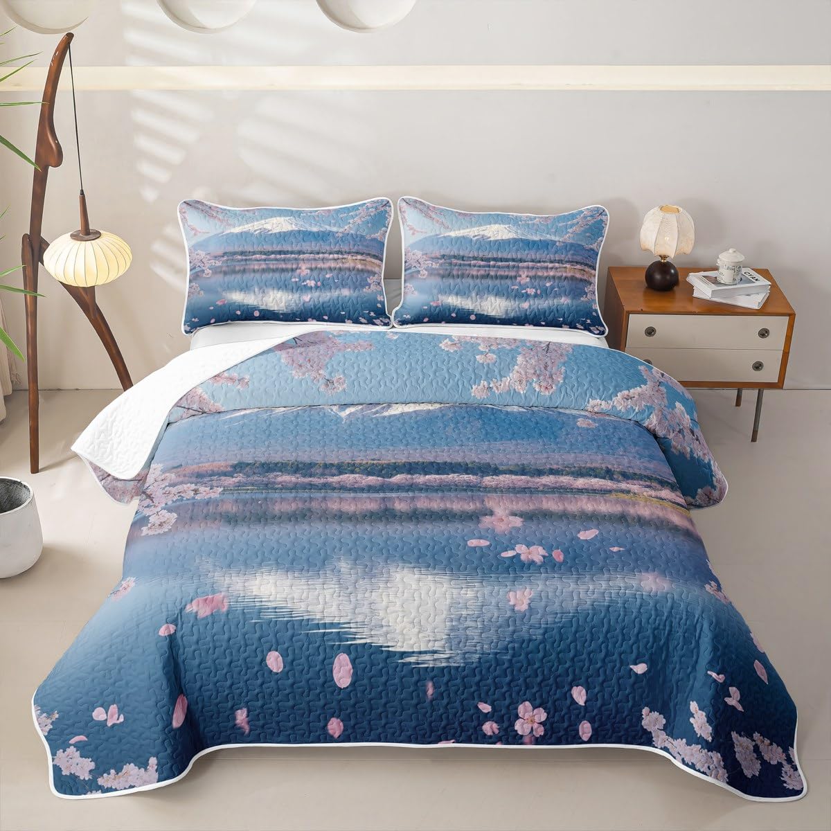 Erosebridal Cherry Blossoms Quilt Set Queen Mount Fuji Quilt Japanese Style Bedding Coverlet Pink Flowers Bedspread Bedroom Decor