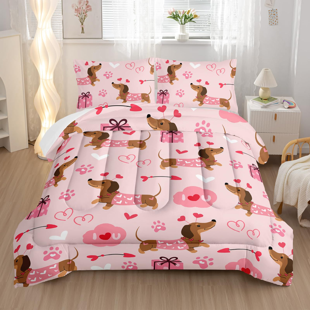 Nttopship Kids Cute Cartoon Dog Comforter Set 3 Piece Dog Bedding Set Twin Size for Kids Cute Pink Dogs Bedding Bed in A Bag Lovely Dog Alternative Room Decor 1 Comforter and 2 Pillowcases