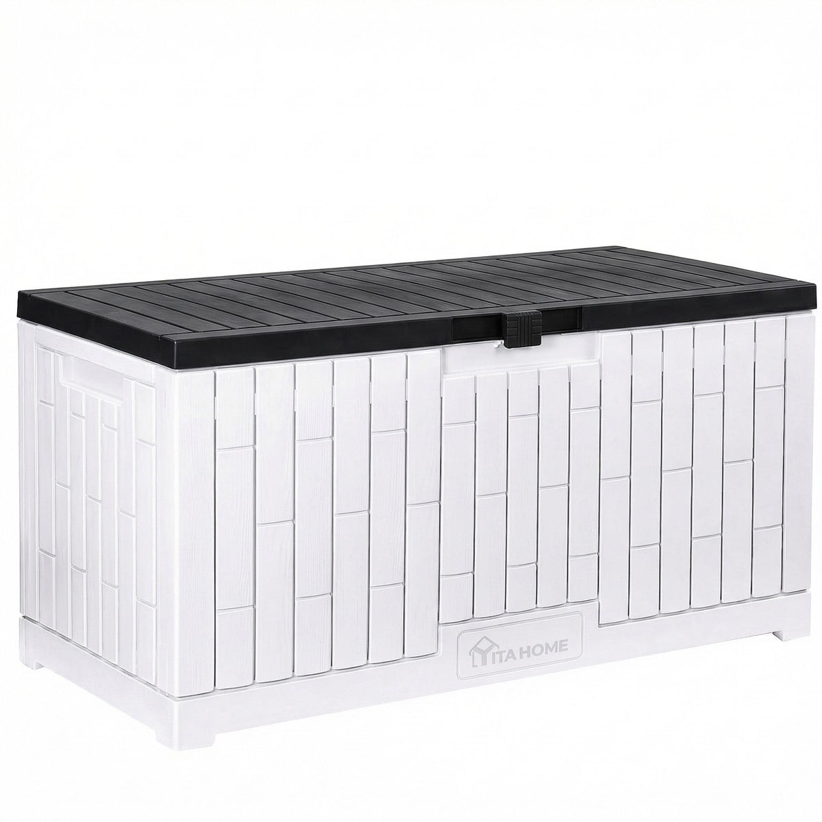 YITAHOME Large Deck Box 120 Gallon Resin Outdoor Storage Box w/Slide-Locking Black Lid, Patio Storage Bin for Outdoor Pillows, Garden Tools and Pool Supplies, Waterproof, Lockable, Grayish-White