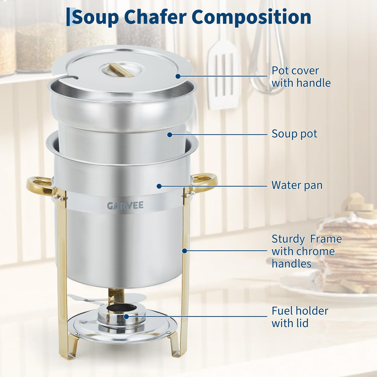 7QT Commercial Soup Warmer, 2 Pack Stainless Steel Round Soup Chafer with Pot, Notched Lids & Fuel Holders, Food Warmer for Buffets Parties Wedding Banquets Catering, Gold