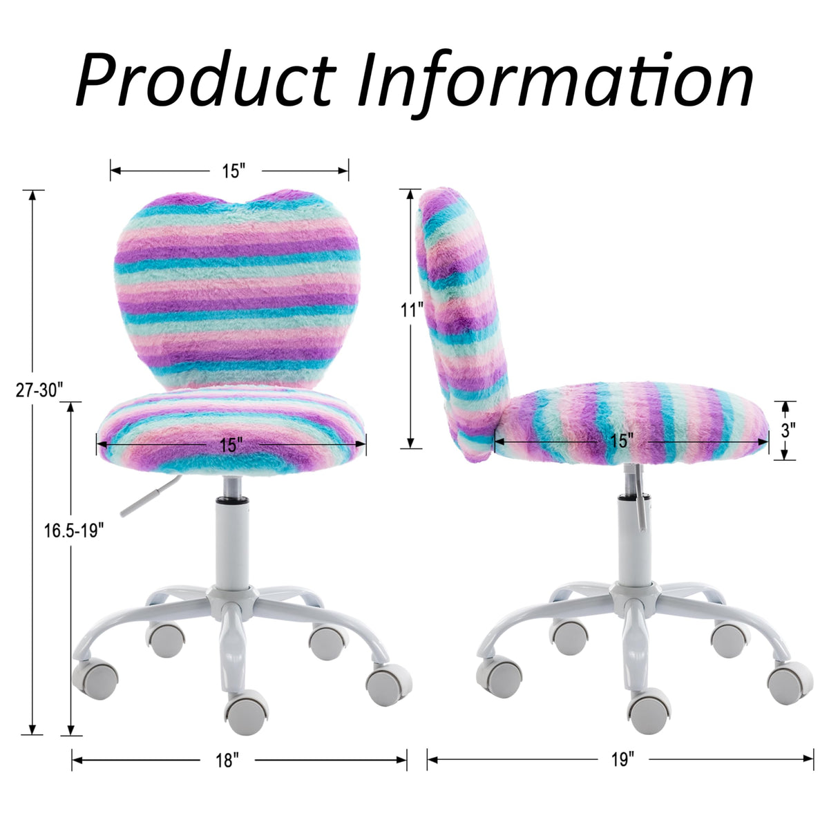 DM Furniture Small Desk Chair Swivel Kids Office Chair Fuzzy Student Computer Task Chair Faux Fur Vanity Chair Cute Heart Chair for Girls Boys Bedroom, Rainbow