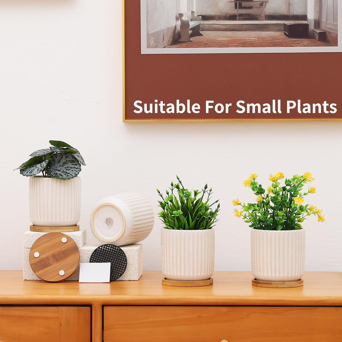 BABALIU 4 Inch Ceramic Plant Pots with Drainage Holes and Trays, Cylinder Vertical Stripes Small Flower Planter Pot with Bamboo Saucers for Indoor Plants, Succulent, Snake Plants, Cactus, Set of 4