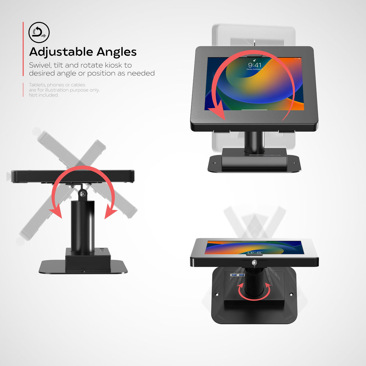CTA Digital Integrated USB 3.0 Hub Desk Mount with Universal Security Enclosure for iPad 11 (A16) - Pro 11-inch M4 - Air 11-inch M3- iPad 10th Gen - Galaxy Tab & More Tablets - Black - (PAD-QRUSBKB)