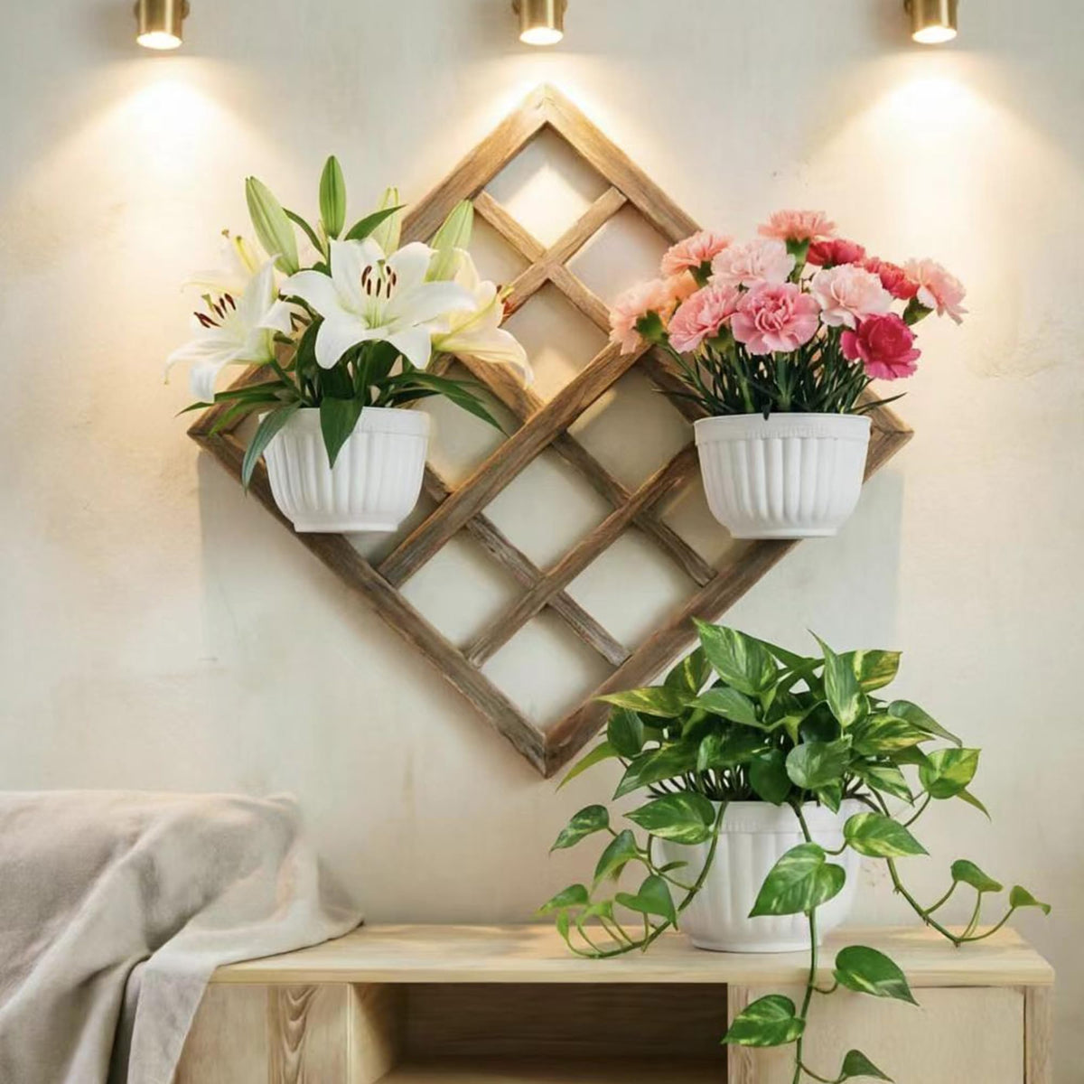 2 Pack White Plastic Wall Hanging Planters for Indoor Plants Wall Hanging Plant Holder with Drainage Hole Balcony Planters Railing Hanging Pot Fence Vertical Living Wall Mount Decor with Hooks