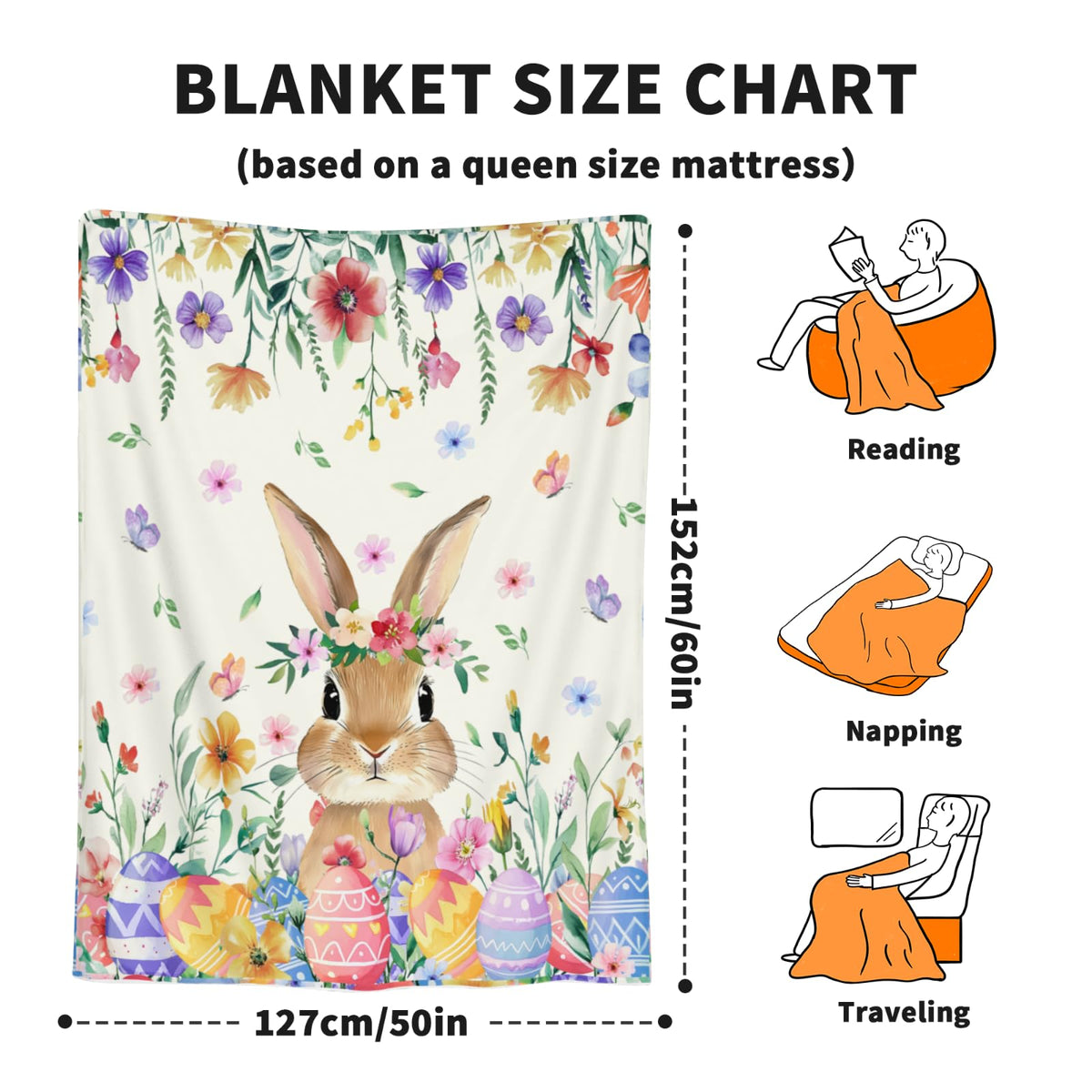 Arktrident Easter Rabbit Throw Blanket Spring Flower Soft Cozy Bed Blankets Plush Fuzzy Warm Lightweight Fleece Blankets for Couch Sofa Gifts 50"X60"