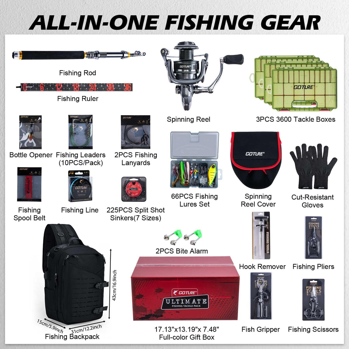 Goture Fishing Rod and Reel Combos with Tackle Backpack, 6FT-9FT Telescopic Fishing Pole with Spinning Reel,3 3600 Tackle Trays,Lures,Pliers,Travel Full Starter Kit for Freshwater Saltwater,Beginners
