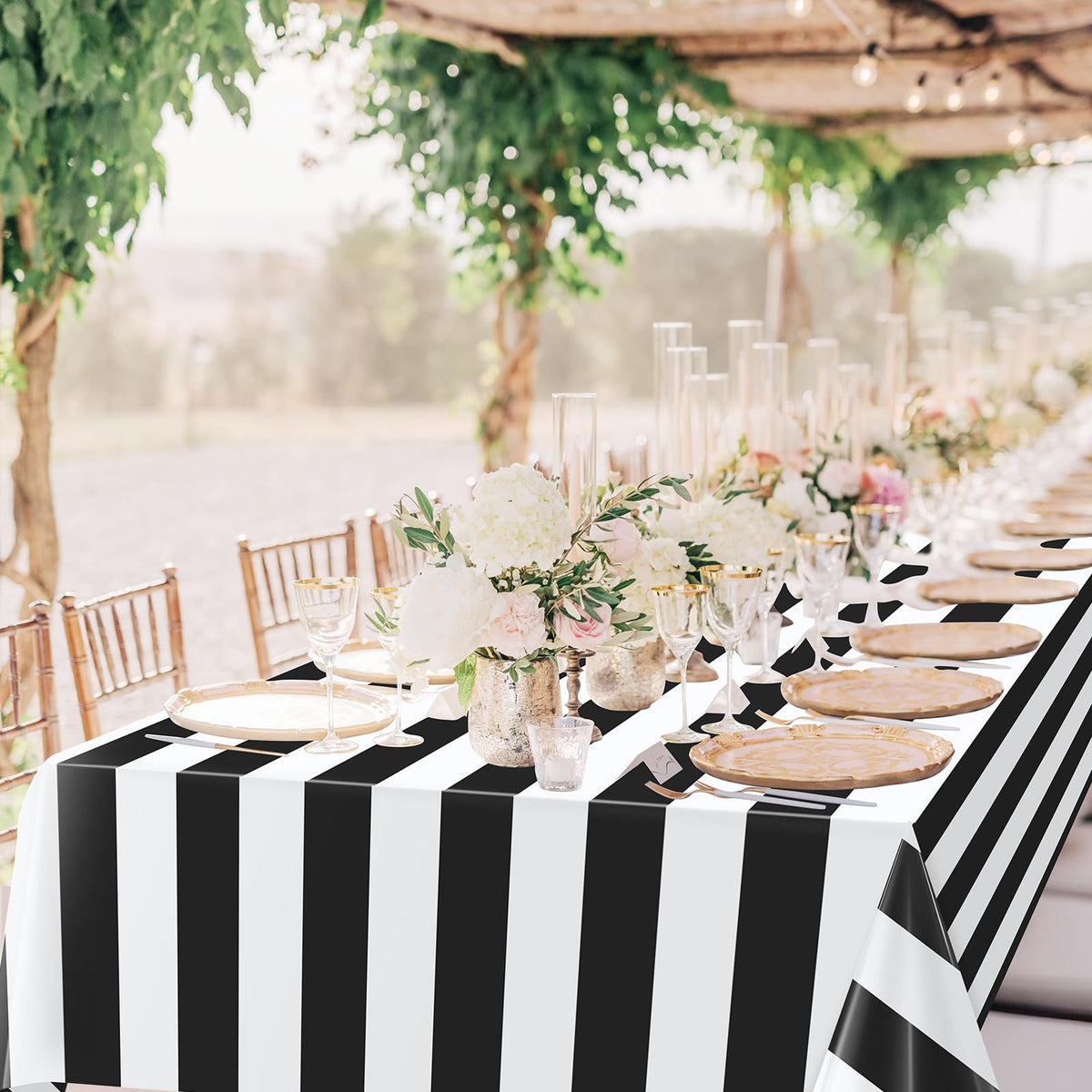 3pcs 54x108Inch Black and White Horizontal Striped Table Cloth Classic Black Stripe Tablecloths Disposable Plastic Stripe Waterproof Table Covers for Picnic Halloween Ghost Party
