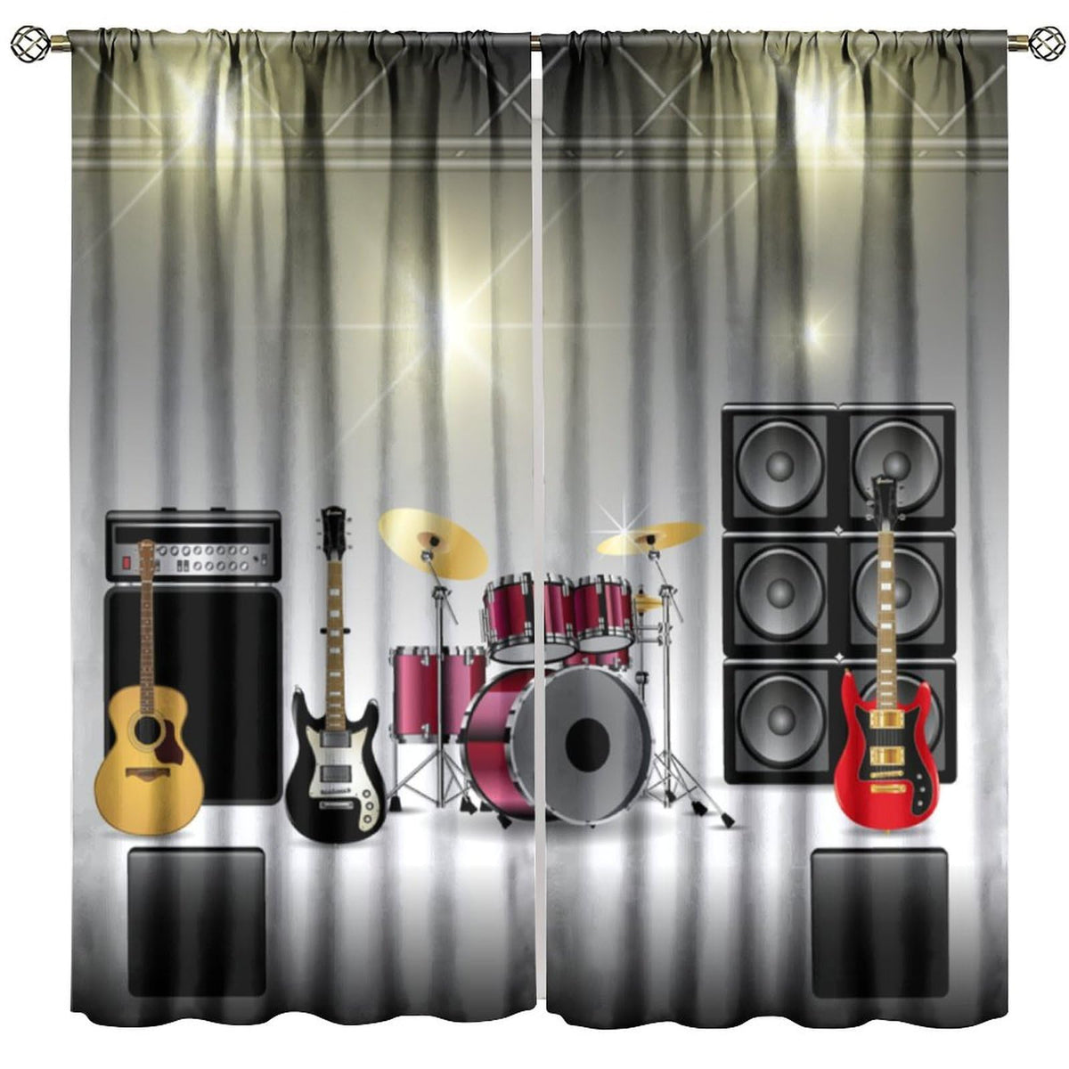 Djaby Rock Music Curtains, Teens Boys Electronic Musical Instrument Curtain Guitar Drum Speaker Window Drapes for Bedroom Living Room 42" W X 45" L(No Blackout)