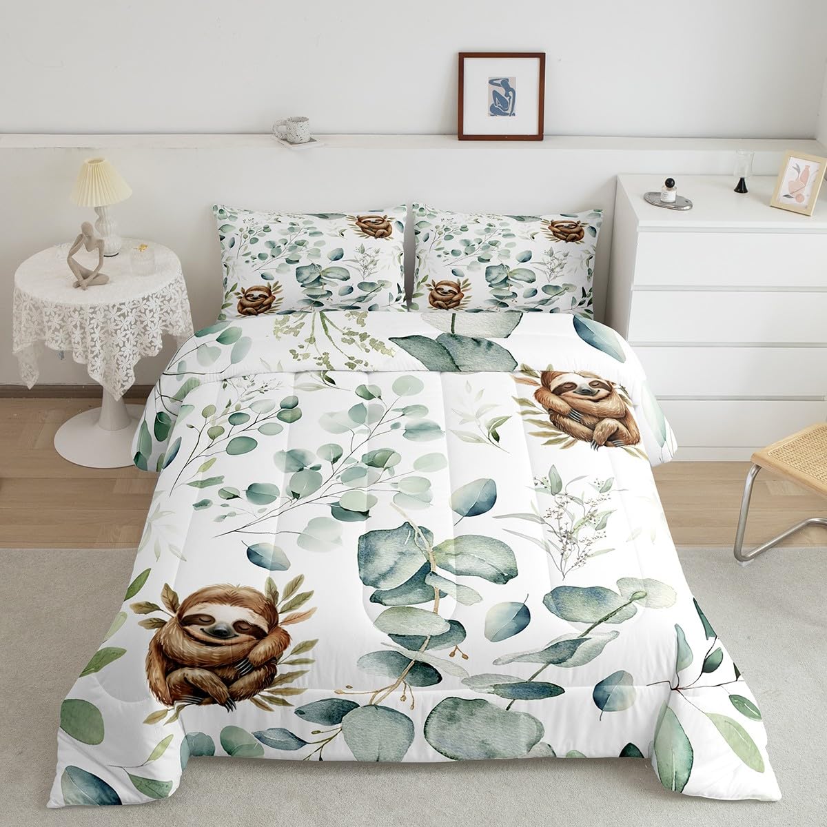 Erosebridal Girls Kawaii Animal Bedding Comforter Sets 7pcs Cute Sloth Bed in a Bag, Cartoon Wildlife King Bedding Sets Green Leaf Comforter Set, Spring Garden Plant Bedding Sets Kids Bedroom Decor