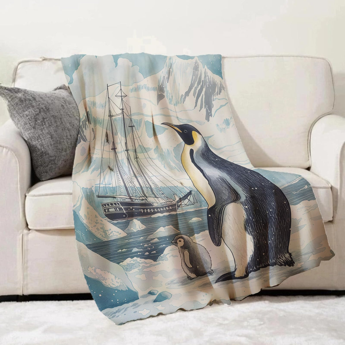 Turamurra Antarctic Expedition Penguin Blanket 50"x60", Cute Penguin Plush Blankets, Ideal for Home Decor, Couch, Bed, Travel, for Adults and Kids