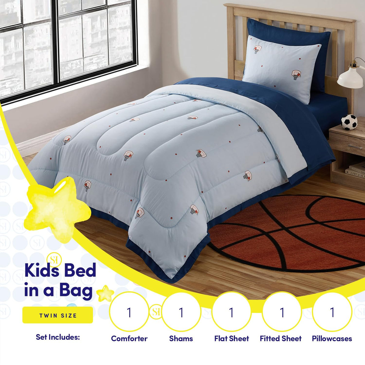 Basketball Comforter Set Twin Size – Bed in a Bag with Sheets, Pillowcases & Shams – Soft Stylish Sports Bedding – All Season Boy’s Basketball Bed Set
