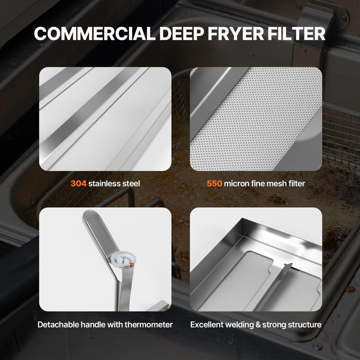KodMtiz Commercial TK45 Deep Fryer Filter, 13.5" x 13.5" 304 Stainless Steel Filter Screen with Thermometer, Extend Oil Life by 40%, 550 Micron Skimmer Fryer Strainer for Kitchens & Restaurants