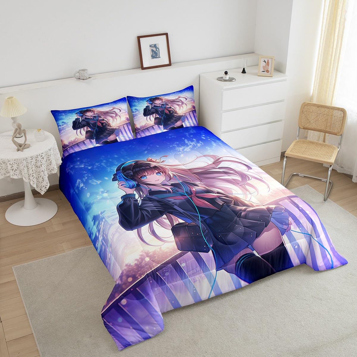 Erosebridal Anime Girl Bedding Set Twin Size, Japanese Anime Comforter Set for Kids Boys Teens Bedroom Decor, Cartoon Girl Duvet Insert Kawaii Japanese Animation Quilt with 1 Pillow Case