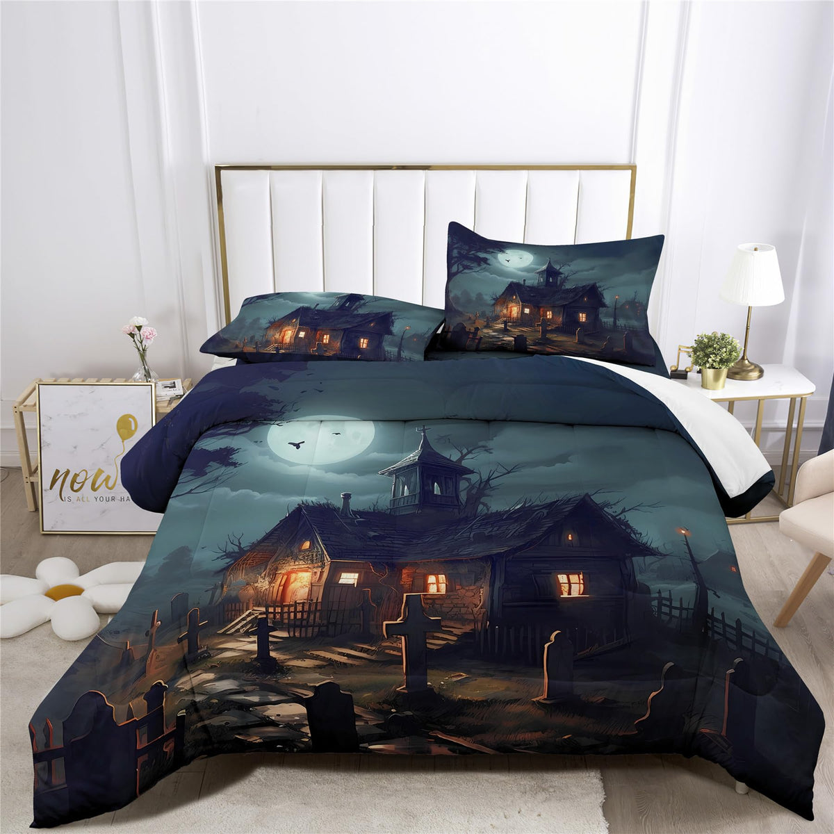 Halloween Haunted House Prints Comforter Set | Horror Festive Spooky Manor Design Bedding Set | with Soft Comforter+2 Pillow Shams(3PCS) or Sheet (4PCS) (A,Full-4PCS)