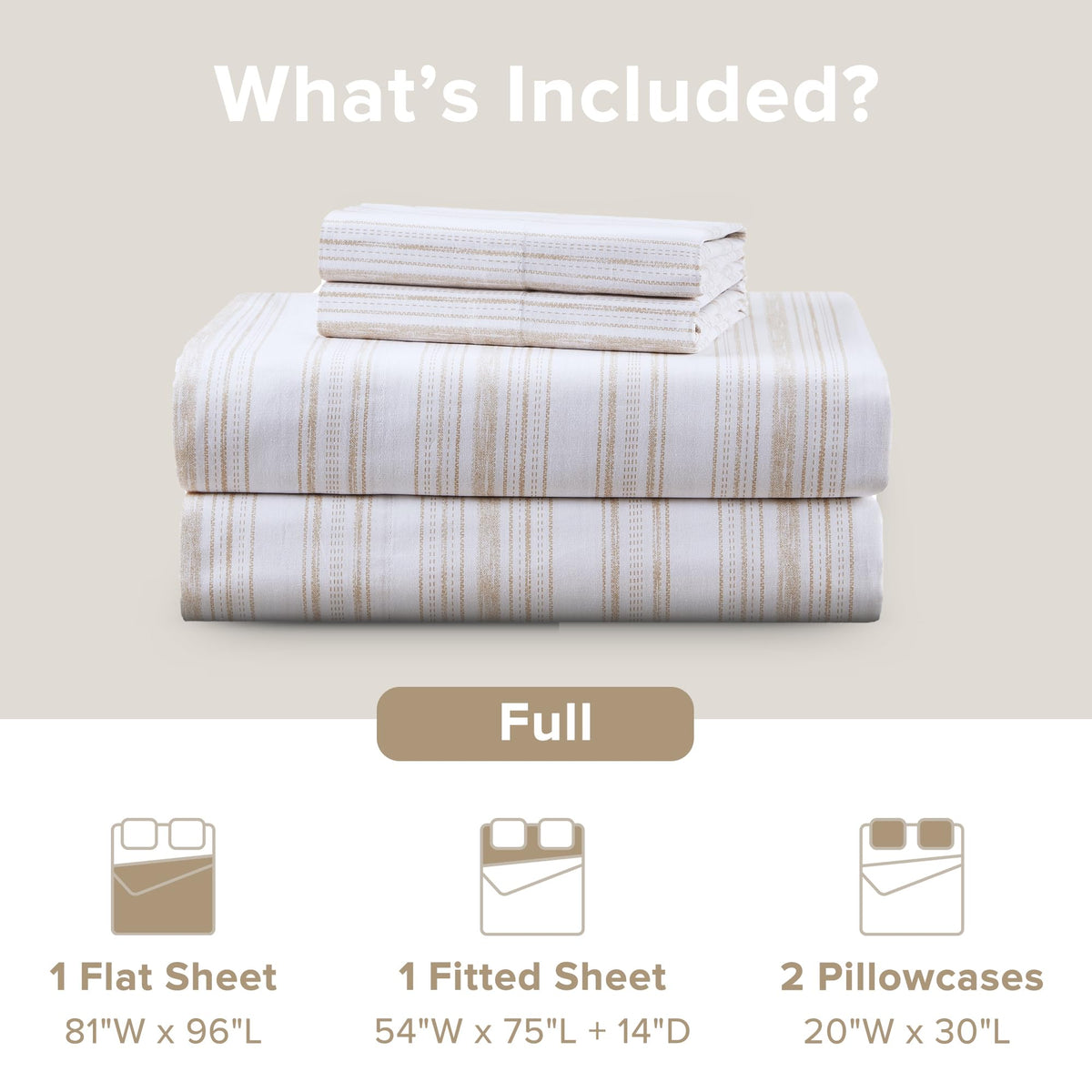 Comfort Spaces 100% Cotton Sheets Full, Breathable, Naturally Cool Cotton Sheets, Cotton Bed Sheets with 14" Elastic Pocket Fits up to 16" Mattress, All Seasons Sheet Set, Good Vibes Taupe 4 Piece