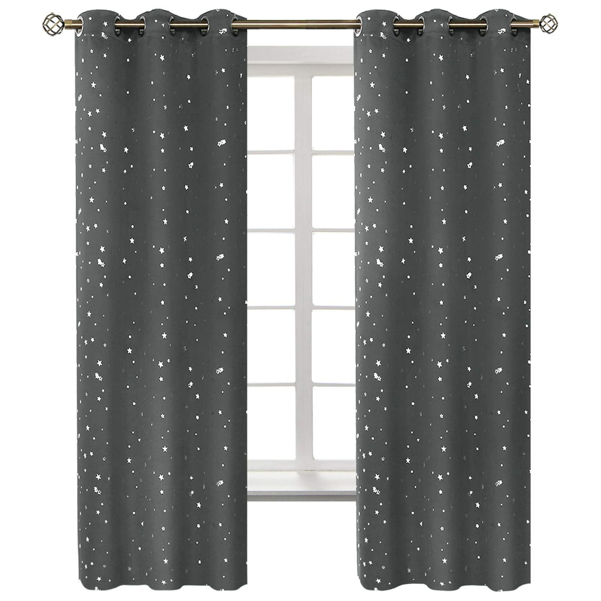 BGment Dark Grey Blackout Curtains for Kid's Bedroom - Grommet Thermal Insulated Room Darkening Silver Star Printed Curtains for Living Room, Set of 2 Panels (42 x 63 Inch, Dark Grey)