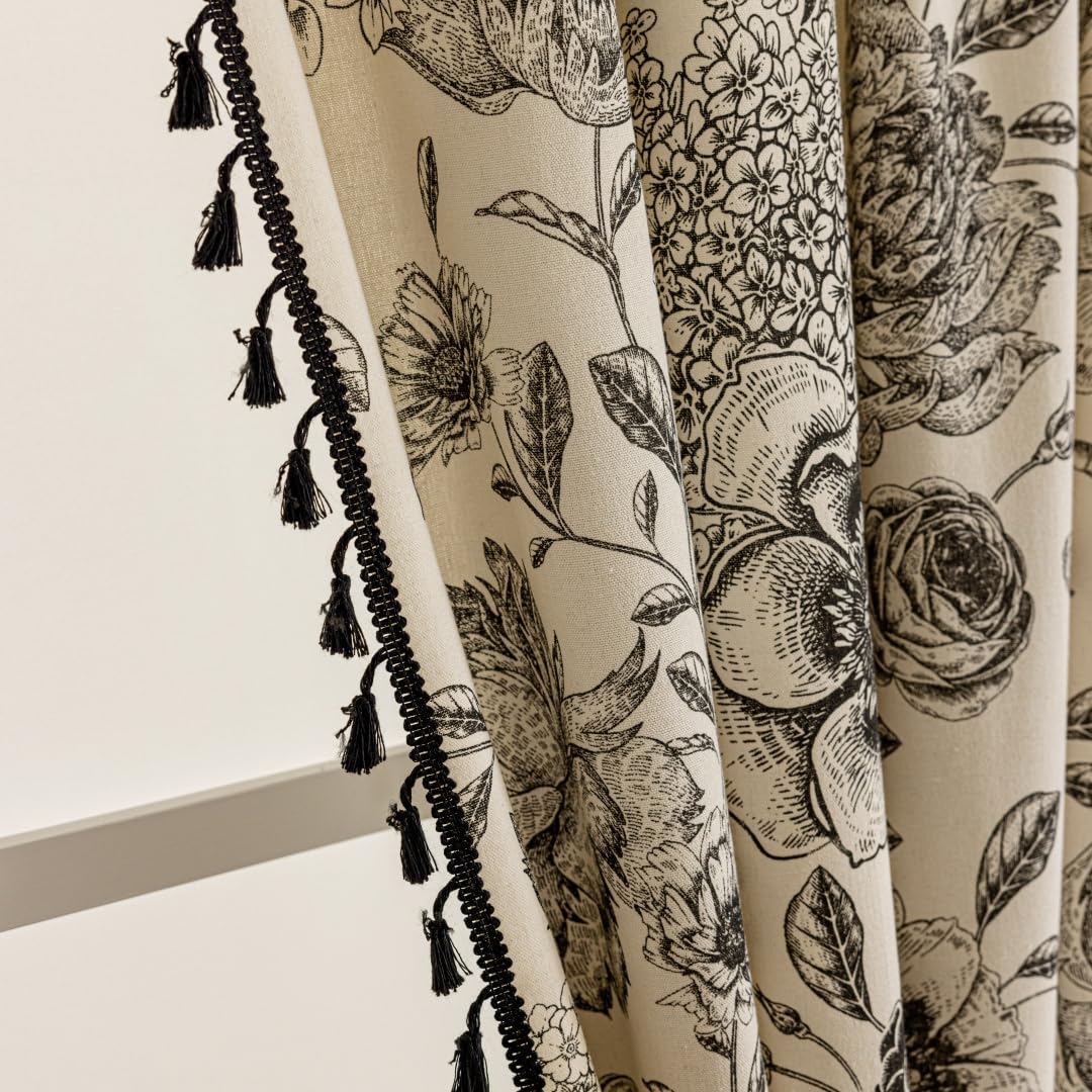 F-CHU Black Floral Farmhouse Curtains Living Room Drapes 84 Inch Length Cotton Linen Boho Window Curtain with Tassel Rod Pocket Bedroom Macrame Drapes Flower Curtains, 2 Panel