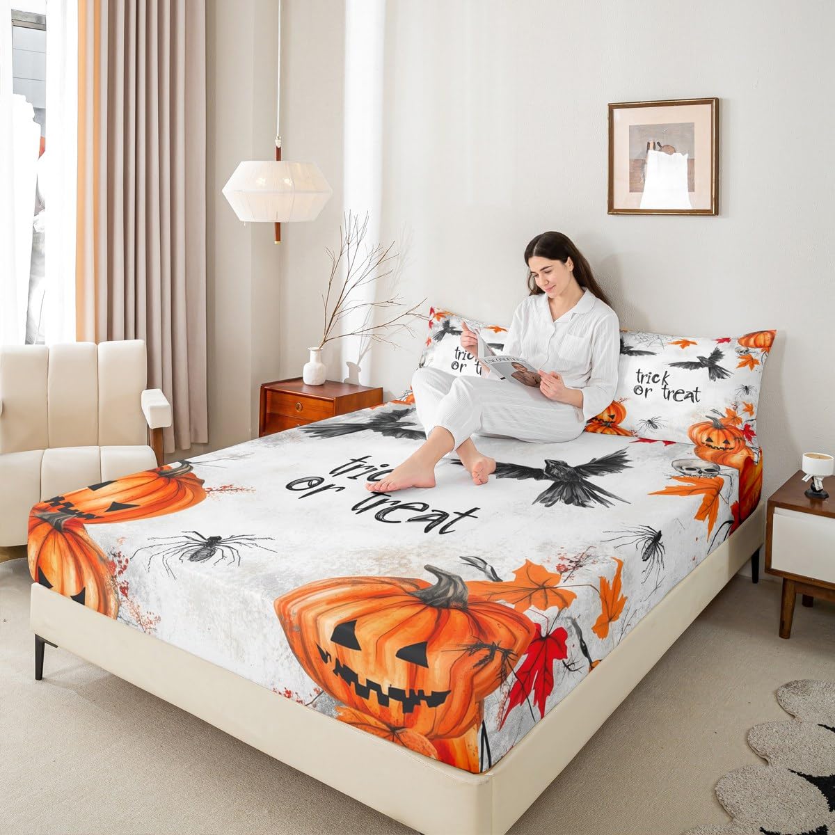 Feelyou Kids Halloween Bed Sheets Set Full Size, Pumpkin Sheet Set Boys Girls Trick or Treat Bedding Set Spider Web Teens Bedroom Decor Soft Bed Set 4Pcs