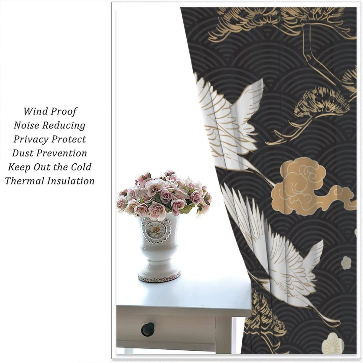 Japanese Style Curtains, Retro Red Crane Black and Gold Pine Tree Wave Abstract Asian Style, Bedroom Living Room Blackout Curtains, 2 Panel Set,42X45 Inch