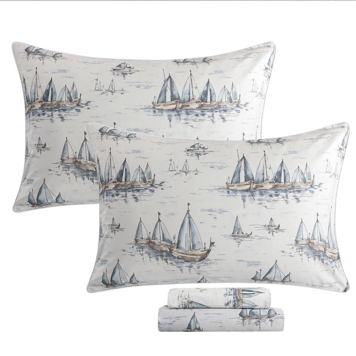 FADFAY Premium 100% Cotton Sheet Set Queen – Coastal Nautical Sailboat Bedding, Soft Gray Seaside Harbor Print, Soft Breathable Cooling Bed Sheets, Deep Pocket Luxury Coastal Bedding 4 Piece