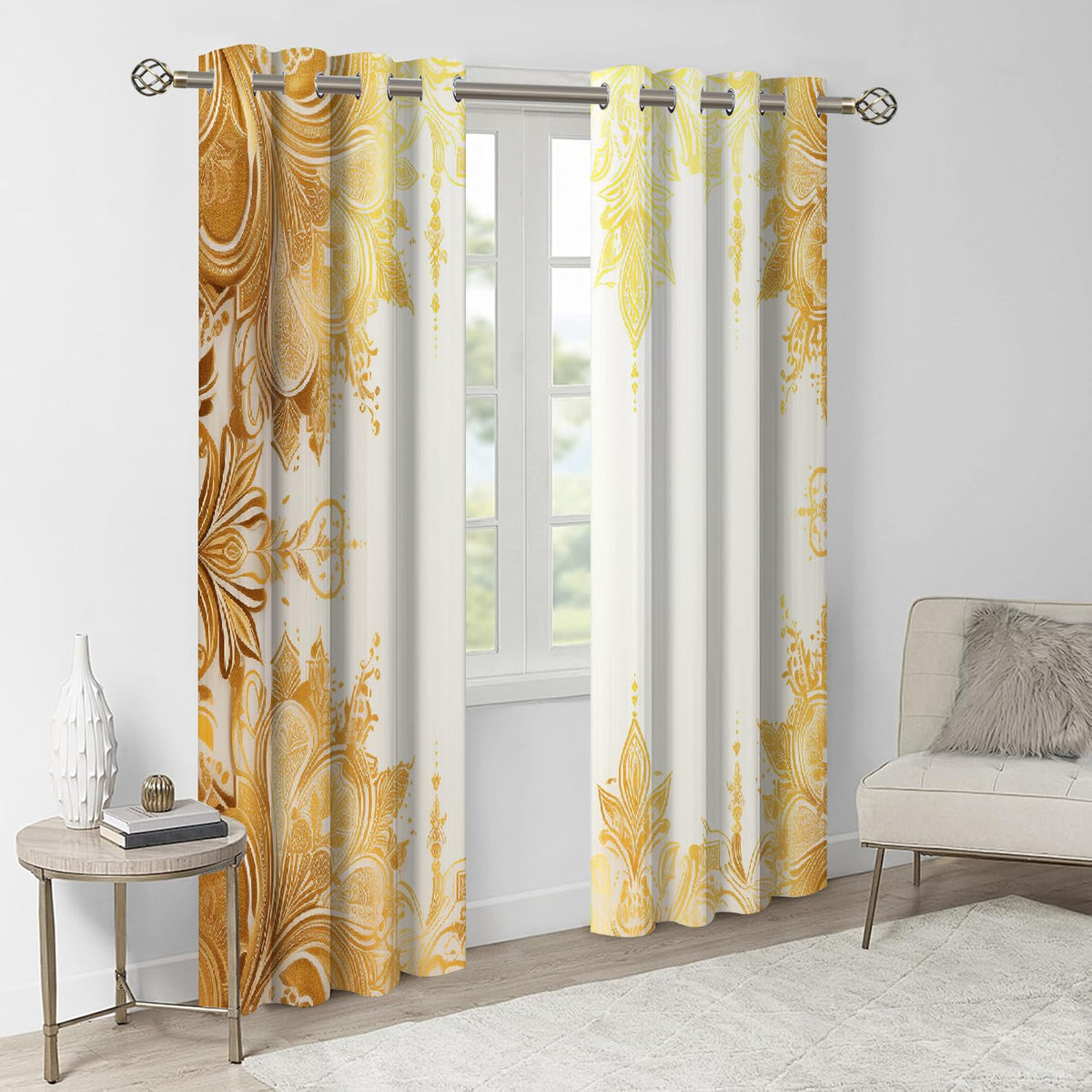 Golden Elegant Flowers Blackout Curtains, Warm Bright Texture 3D Print Grommet Drapes, Window Curtain Set of 2 Panels, Thermal Insulated Energy Saving Drapes for Living Room(42" W x 63 "L)