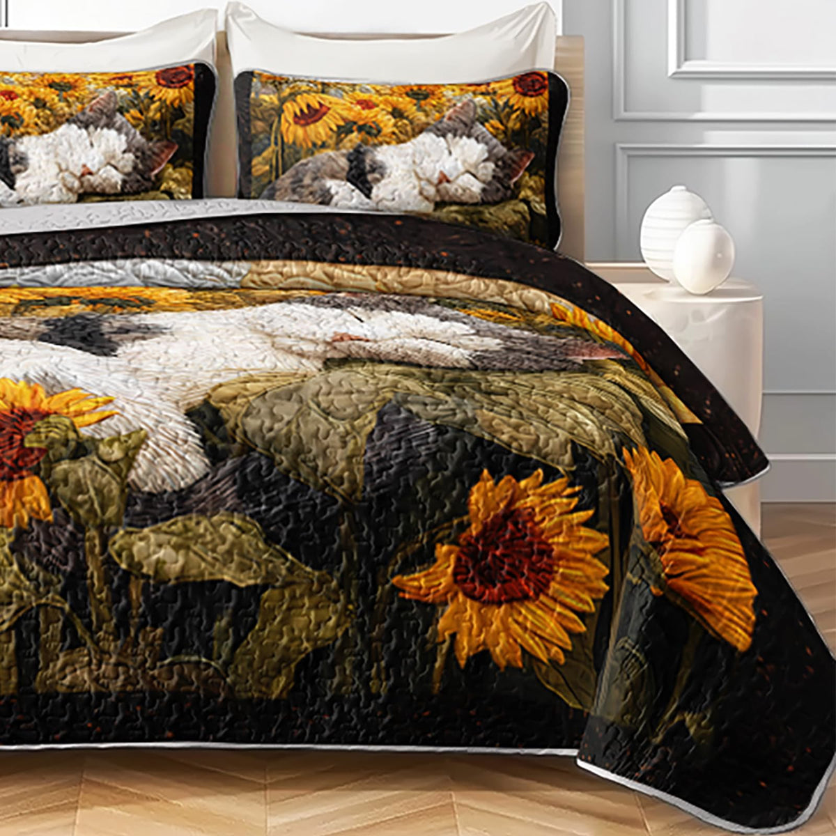 AILONEN Cat Quilt Set Queen Size for Kids Girls - 3-Piece Yellow Sunflower Bedspread Cartoon Cat Coverlet,Lovely Pet Animal Printed Quilt,2 Pillowcases