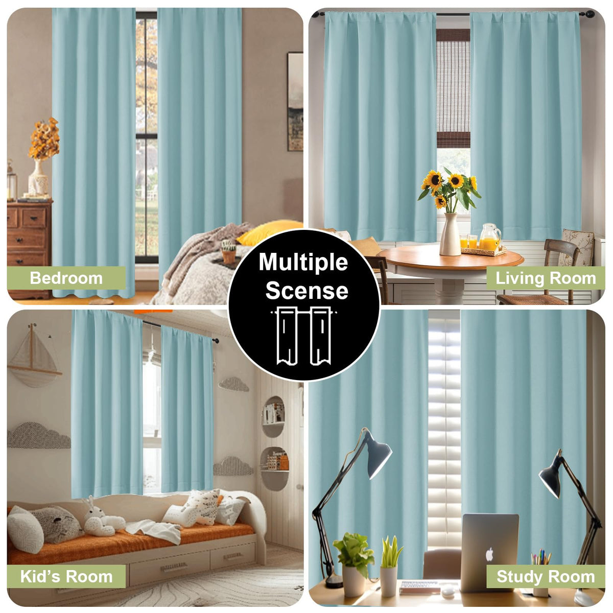 OWENIE Sally Aqua Short Blackout Curtains for Bedroom Living Room 45 Inch Length 2 Panels Set, Solid Energy Saving Insulated Bathroom Window Treatment Curtains Blackout Drapes, 2 Pcs W40 x L45