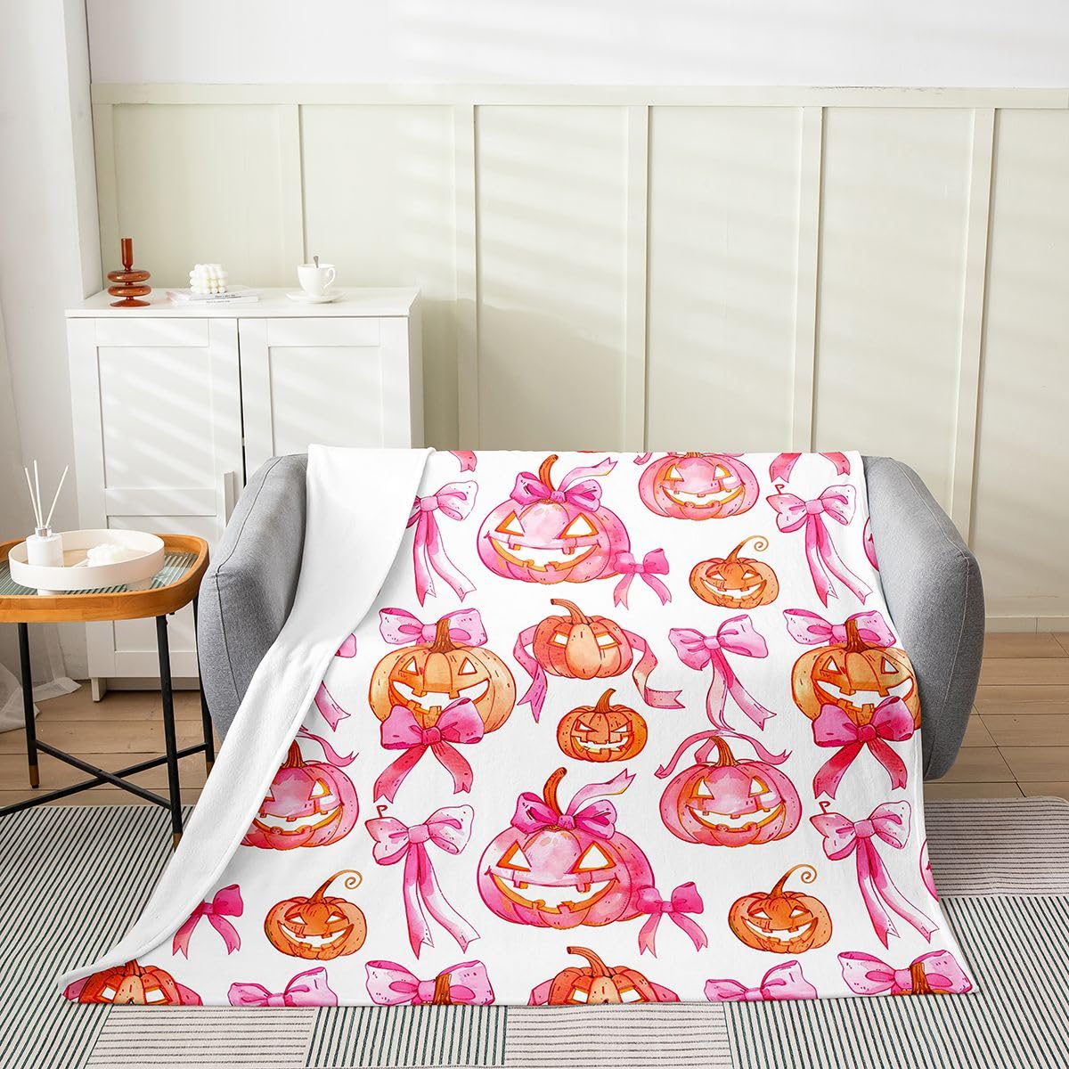 Feelyou Spooky Pumpkin Flannel Fleece Throw Blanket Halloween Themed 40"x50" Bowknot Fleece Throw Blanket for Kids Women Men Spooky Pumpkin for Bed Couch Chair Living Room Bedroom Decor