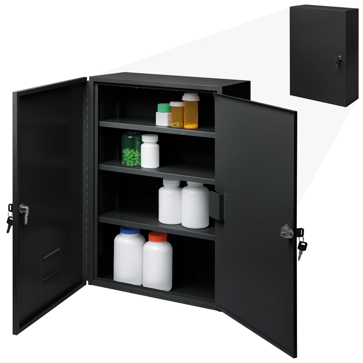 Durabox 2-Door Narcotics Cabinet - Double Door & Dual Key Lock Steel Cabinet for Safe Storage of Medicine, Prescription Drugs, Medical Supplies and More, 16"W x 24"H x 7-3/4"D (Black, Large)