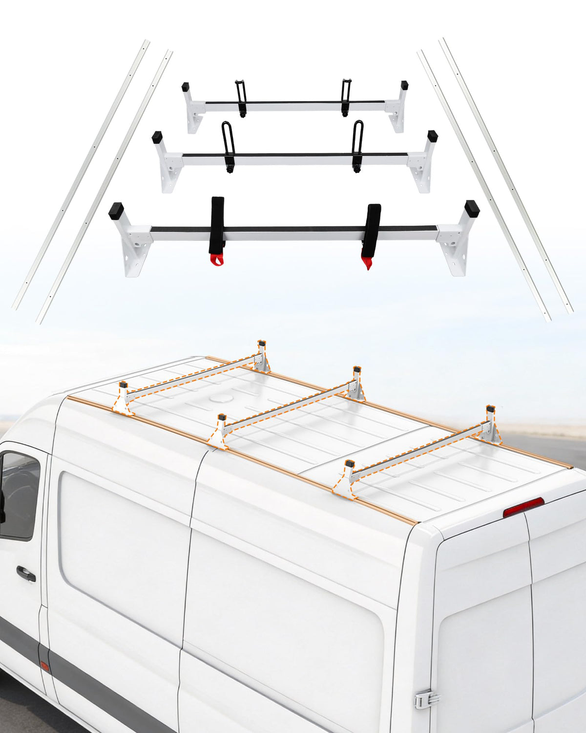 MELIPRON Van Roof Rack with Side Rails Fit for Mercedes-Benz Sprinter 2007-2025 144" WB High Roof - 800 LBS Alloy Steel Cargo Ladder Rack with Aluminum Tracks and Rubber Seal