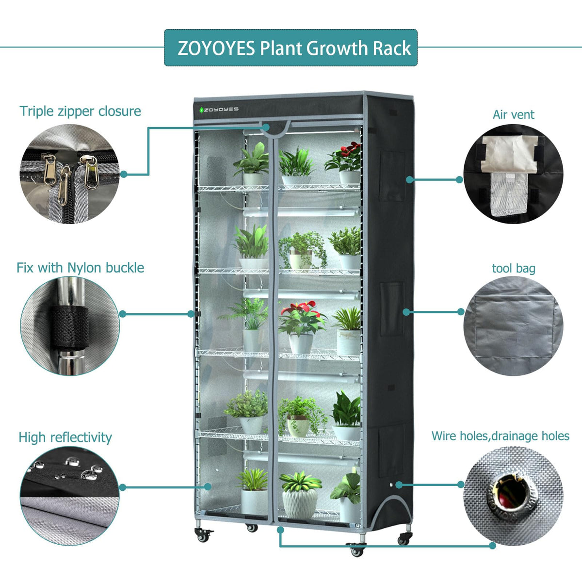Indoor Greenhouse 6-Tier Plant Stand with Grow Lights, Fully Covered, Thermometer & Timer | 5 Sets T8 Lights, Perfect for Seedlings & Flowering, 30" W x 14" D x 72" H