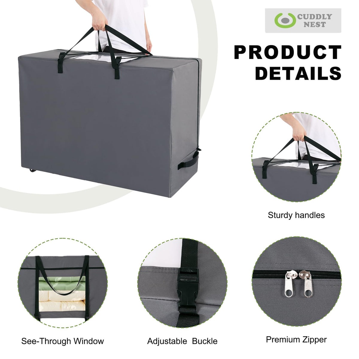 Cuddly Nest Folding Mattress Storage Bag with Wheels & Handles - 900D Heavy Duty Storage Container Fits for 6" Full Tri-Fold Mattress,Grey