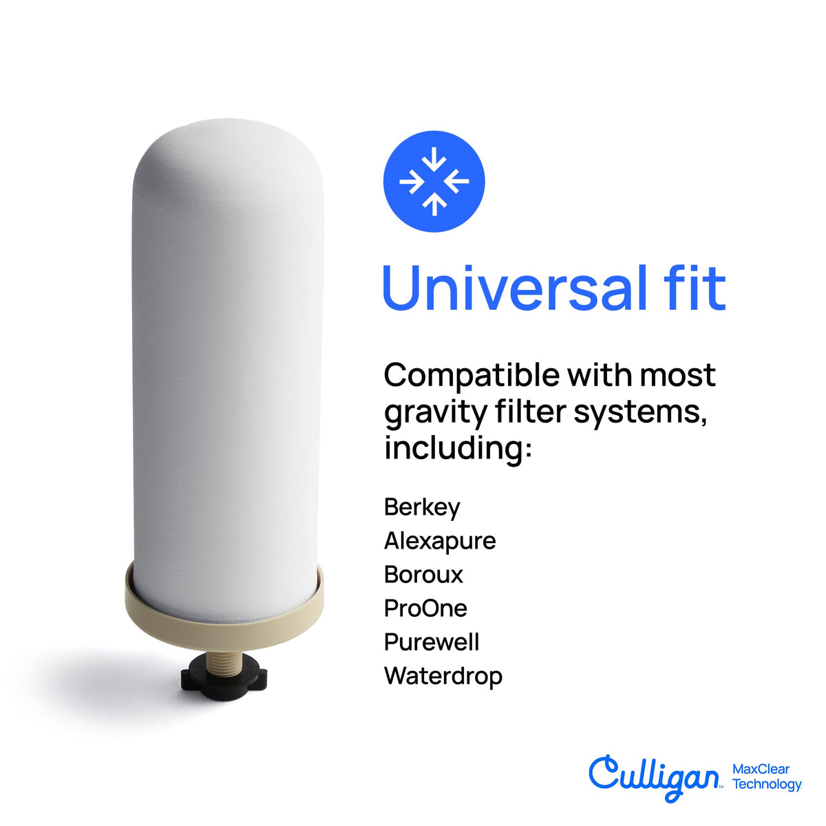 Culligan MaxClear 7” Gravity Water Filter Replacement Compatible with ProOne & Berkey Water Filter Systems, Ceramic & Carbon Filter NSF/ANSI Certified, Reduce Total PFAS, Microplastics & Lead, 3-Pack