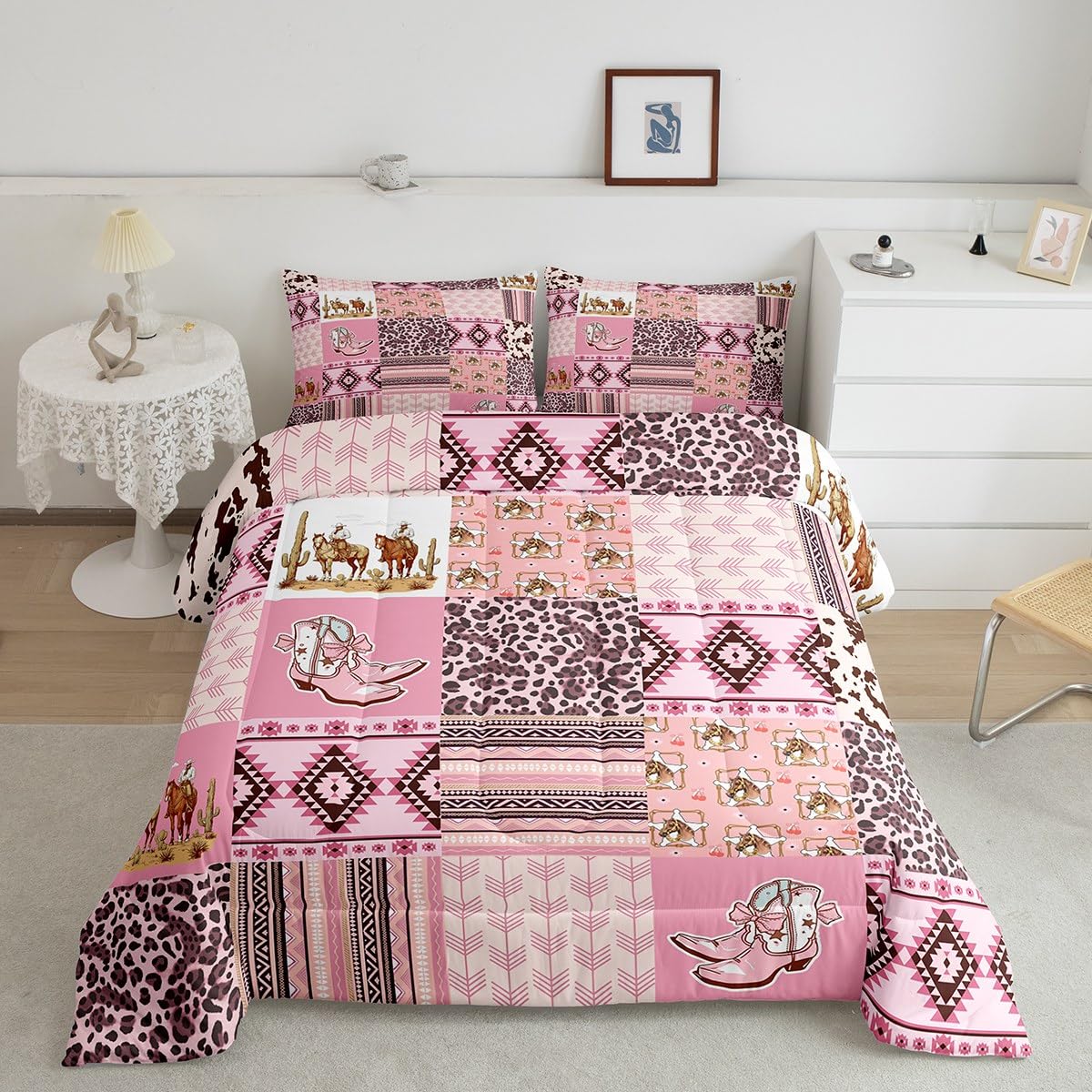 Feelyou Pink Aztec Bedding Set Queen Size, Kids Western Decor Comforter Set Wild West Cowboy Cowgirl Comforter Boho Style Duvet Insert Bed Set 3Pcs