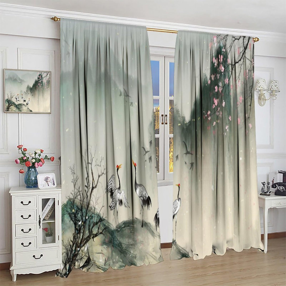 Asian Curtain Traditional Chinese Ancient Ink Landscape Painting Animal Crane Print Curtain for Kitchen Bedroom Living Room Blackout Privacy Curtain 42x45 Inch 2 Panels
