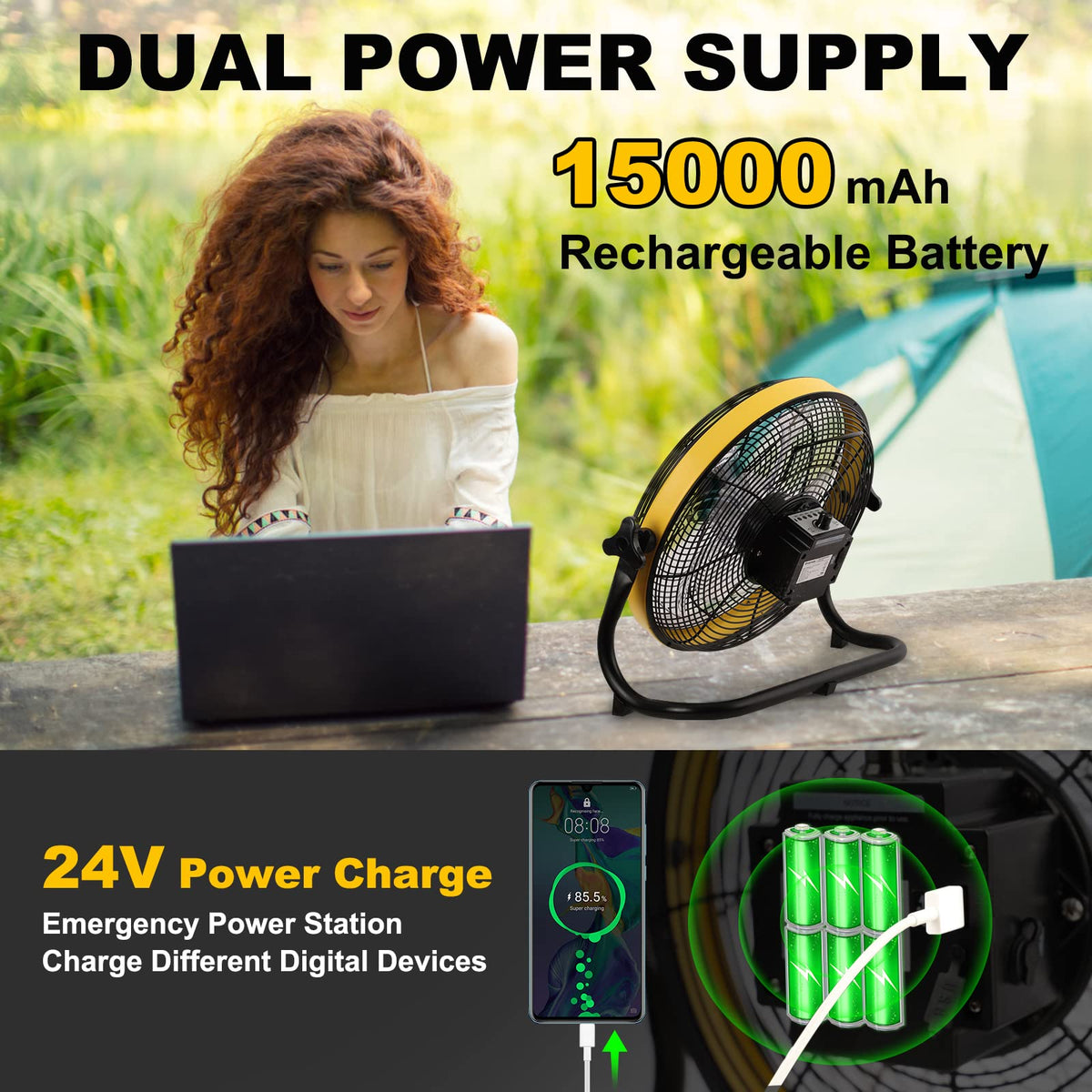 Smartele Large Battery Operated Outdoor Rechargeable Camping Fan Up to 30 Hours Battery Powered Floor Fan Cordless Outdoor Battery Fan, 2 Hours Fast Charging,16 inches