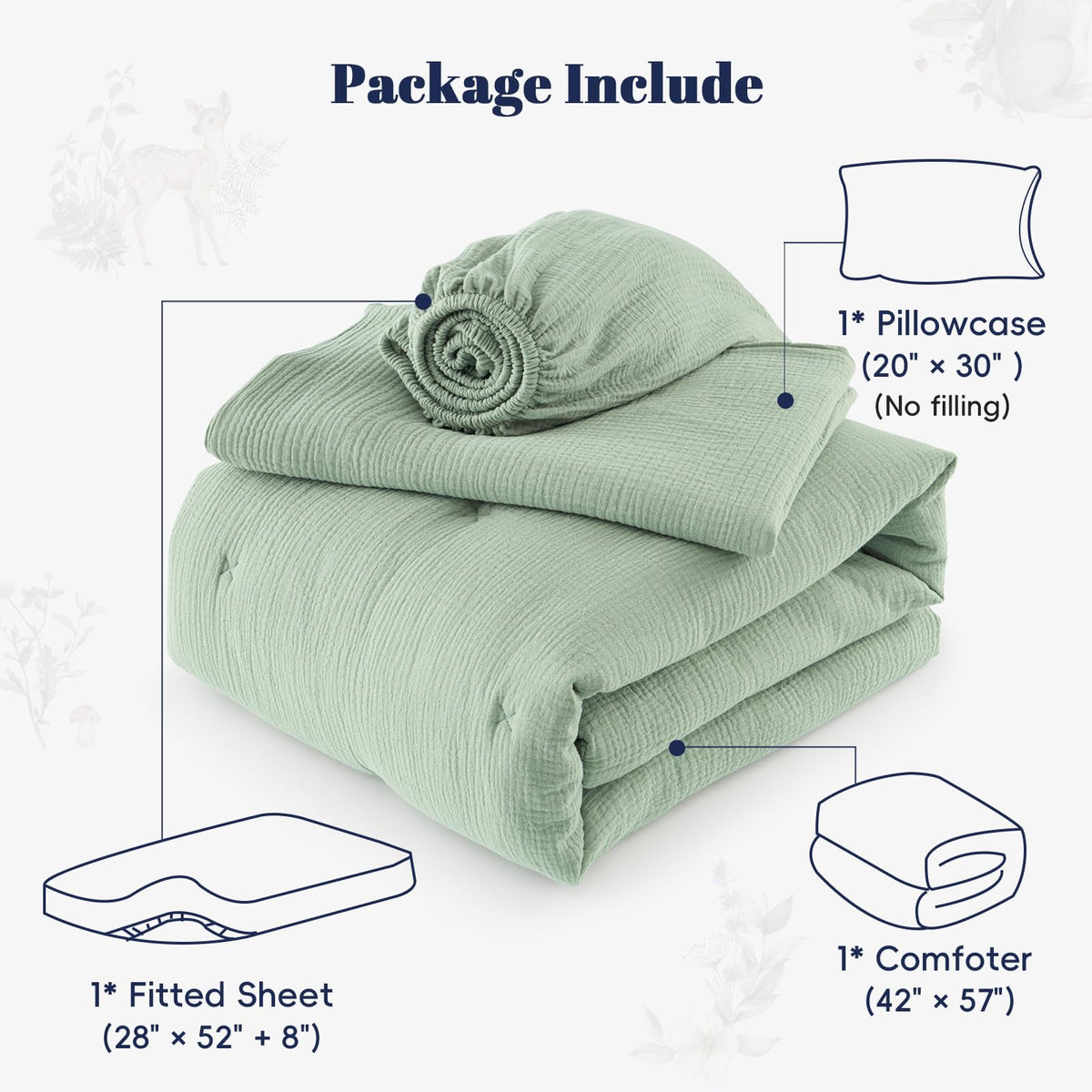 PHF Cotton Muslin Toddler Bedding Set, Soft 3 Piece Toddler Comforter Kids Bed Set, Green Bedding Set for Boys