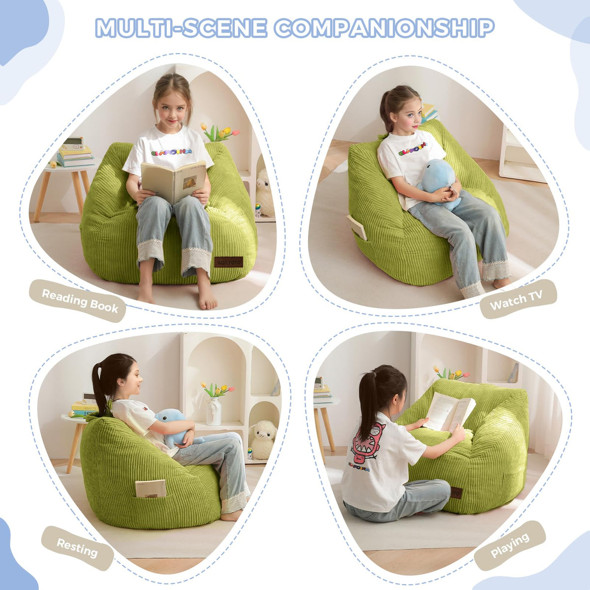 MAXYOYO Kids Bean Bag Chair, Bean Bag Couch with Handle, Comfy Toddler Chair for Boys and Girls, Accent Sofa Chair with Pocket for Gaming Reading Relaxing, Green