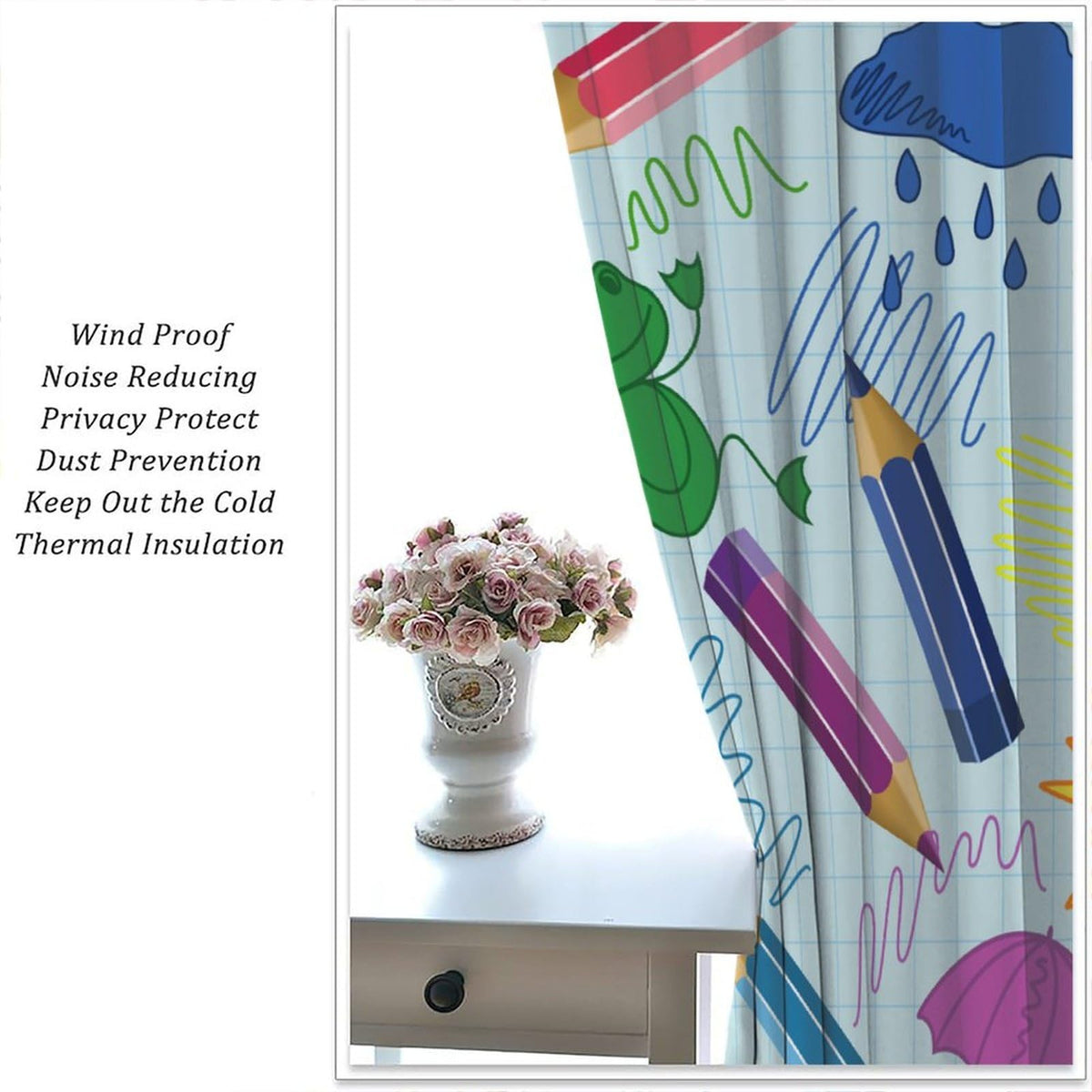 AAVEUP Scientific Creativity Curtain for Kids Bedroom,Cartoon Education Learning Science Atom Robot Pencil Good Idea Window Drapes Print for Boys Nursery Children Toddler Bedroom 42x45in（No Blackout）
