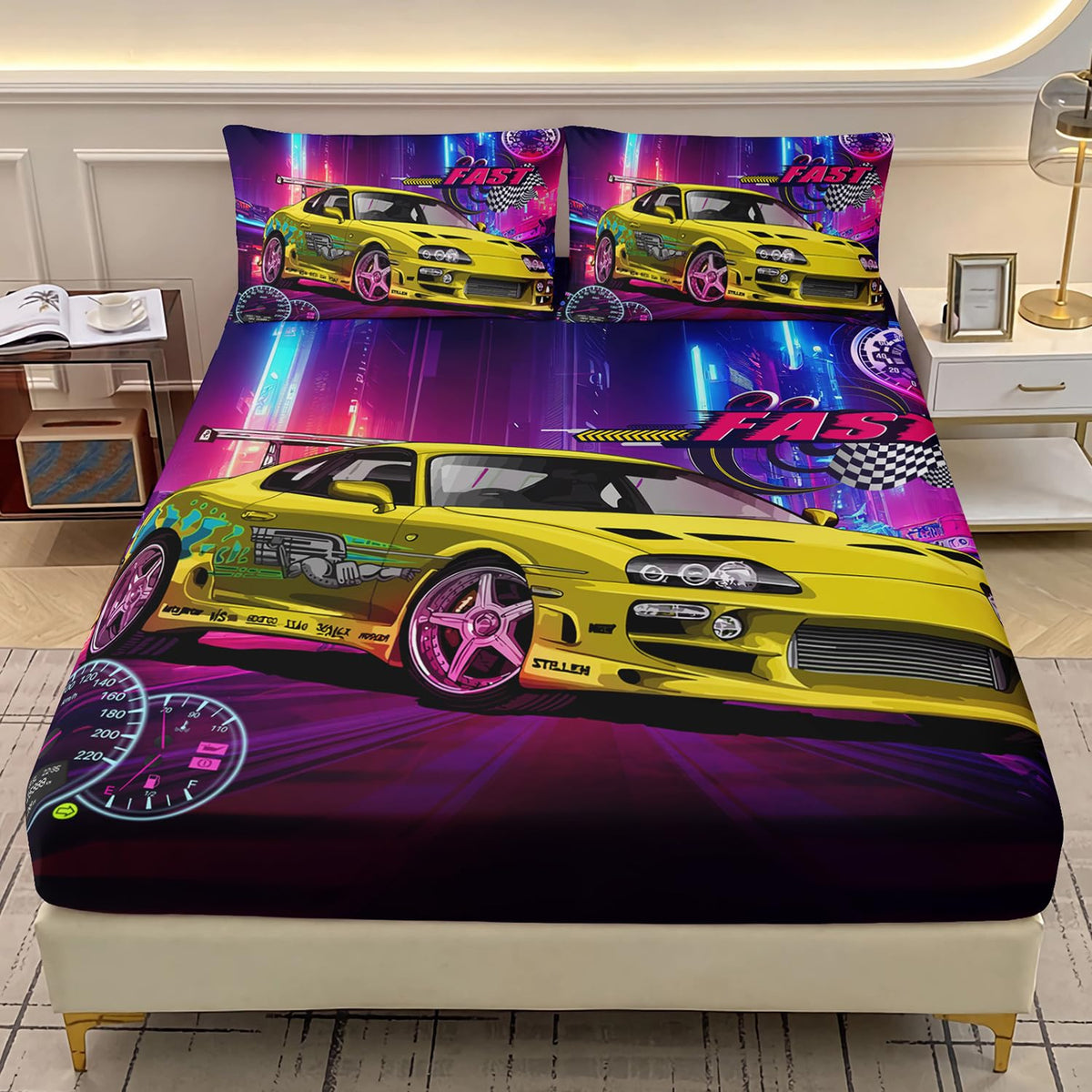 AILONEN Yellow Racing Car Fitted Sheet Queen Size, Extreme Sport Bedding Set for Kids Boys,Sports Race Car Bed Sheet Set,Cool Speed Dial Bedsheets Set,3 Pieces,1 Fitted Sheet and 2 Pillowcases
