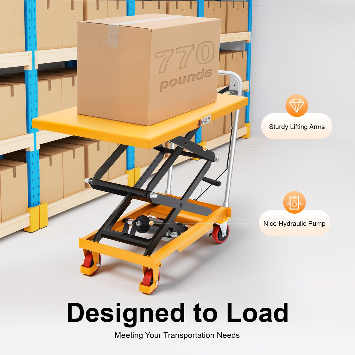 770LBS Hydraulic Lift Table Cart, 51" Lifting Height Hydraulic Material Lift Pallet Truck with 4 Locking Wheels for Material Handling and Transportation (770LBS)