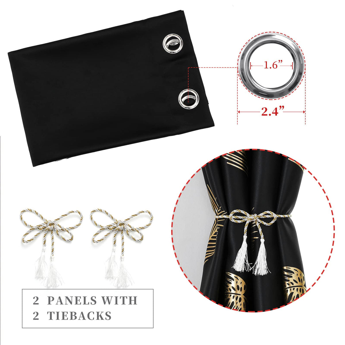 Estelar Textiler Black Blackout Curtains for Bedroom 84 Inches Long, Room Darkening Grommet Thermal Insulated Curtains for Living Room, Light Blocking Drapes with Gold Print Design,52Wx84L,2 Panels