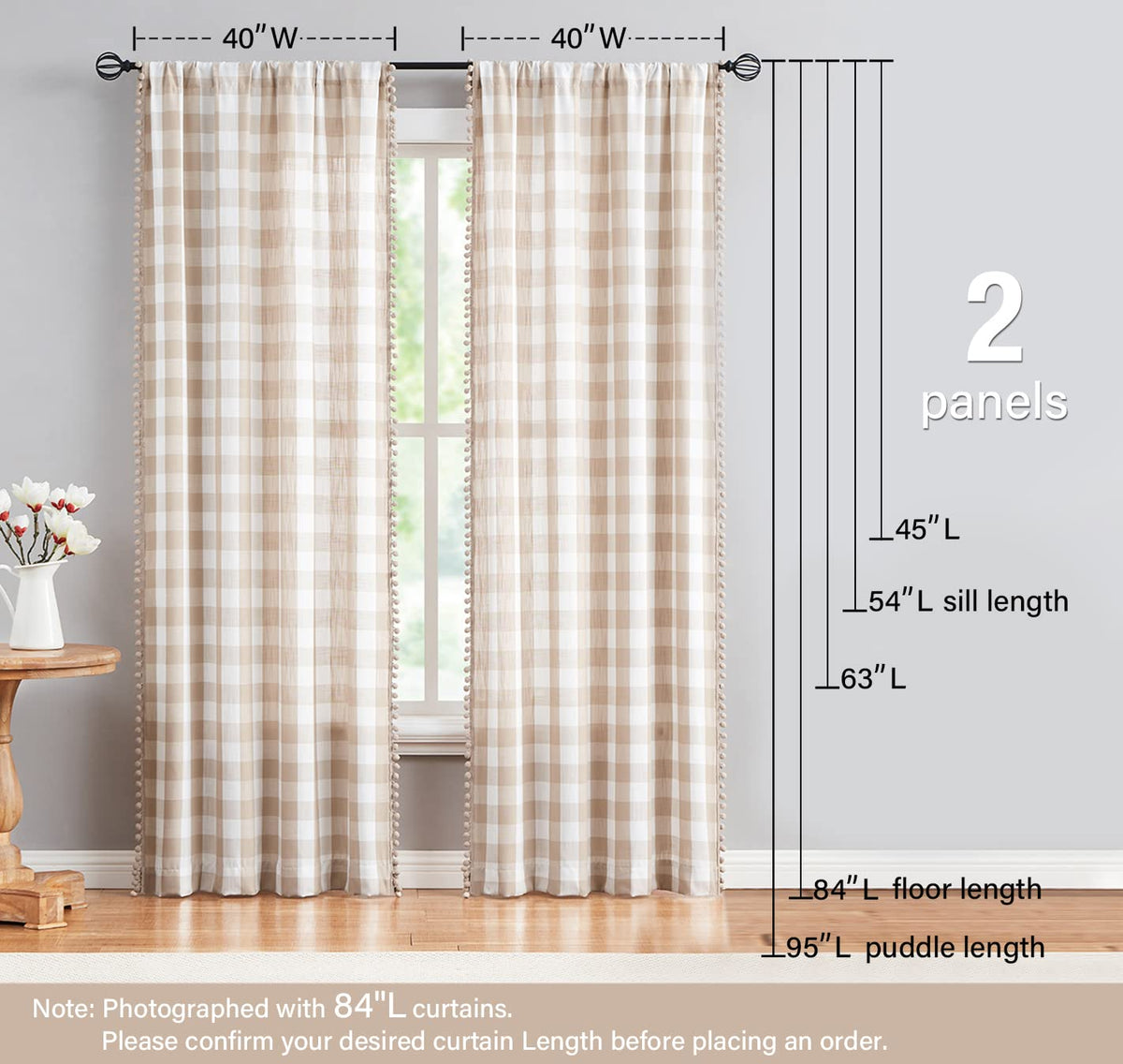Treatmentex Pompom Buffalo Plaid Curtains 45" Kitchen Curtains Rustic Farmhouse Tan and White Check Curtain Panels for Small Windows Basement Bathroom Rod Pocket 2pcs