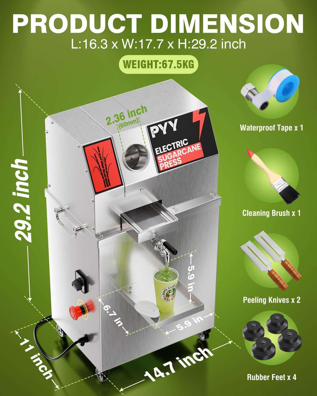 PYY Commercial Sugar Cane Juicer Machine - Electric 3-Roller Sugarcane Juice Press Stainless Steel Extractor, Sugarcane Machine with Cleaning Brush, 2 Peelers,Straws and Cups, 800W 110V 29Inch