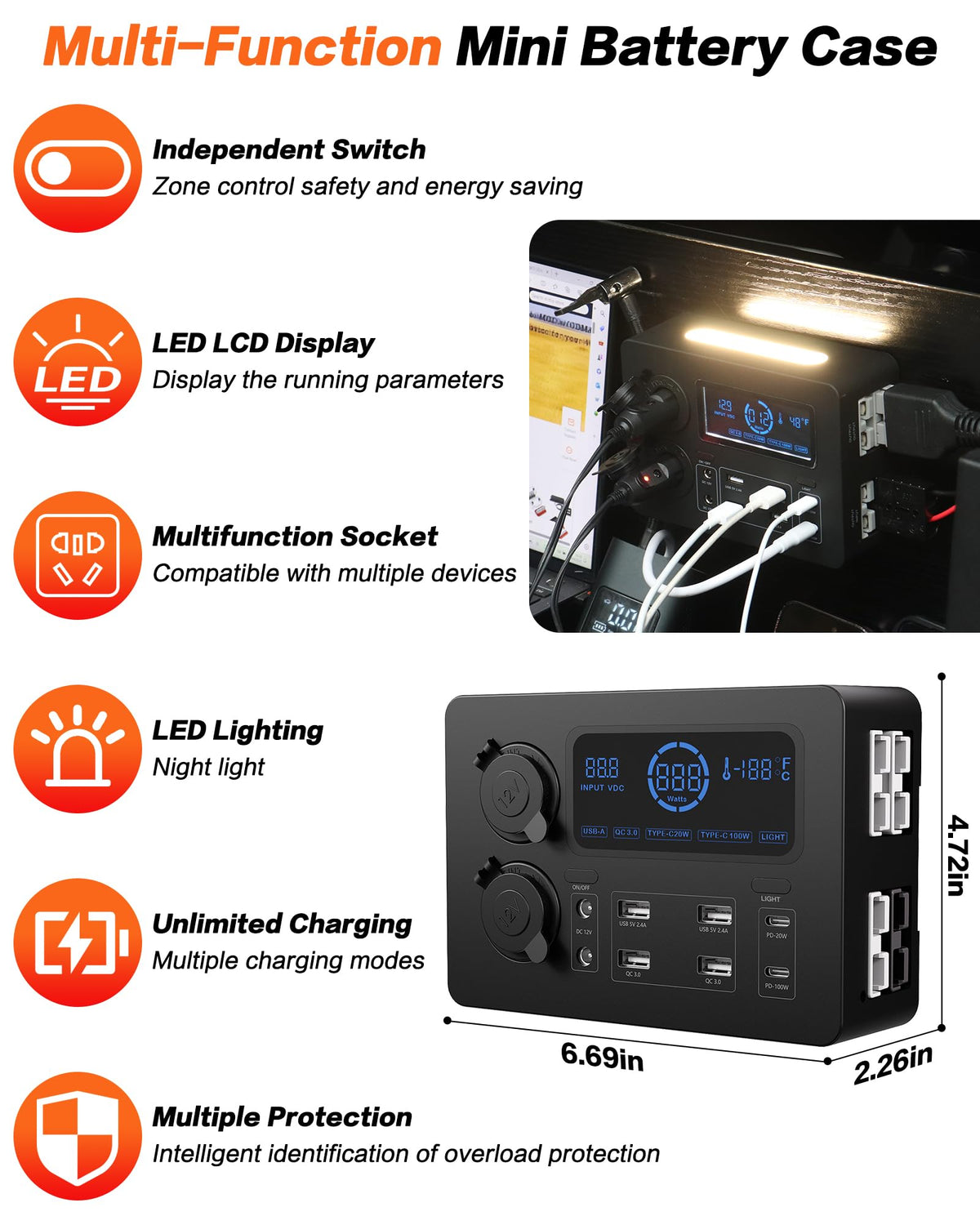 IZTOSS 12V 100W Multifunction Mini Power Box Camping Electrical Power System with LED Lighting USB-C and QC3.0 Ports Cigarette Socket Anderson Port for Camper RVs Pickup Trucks 4WD Canopy Caravan