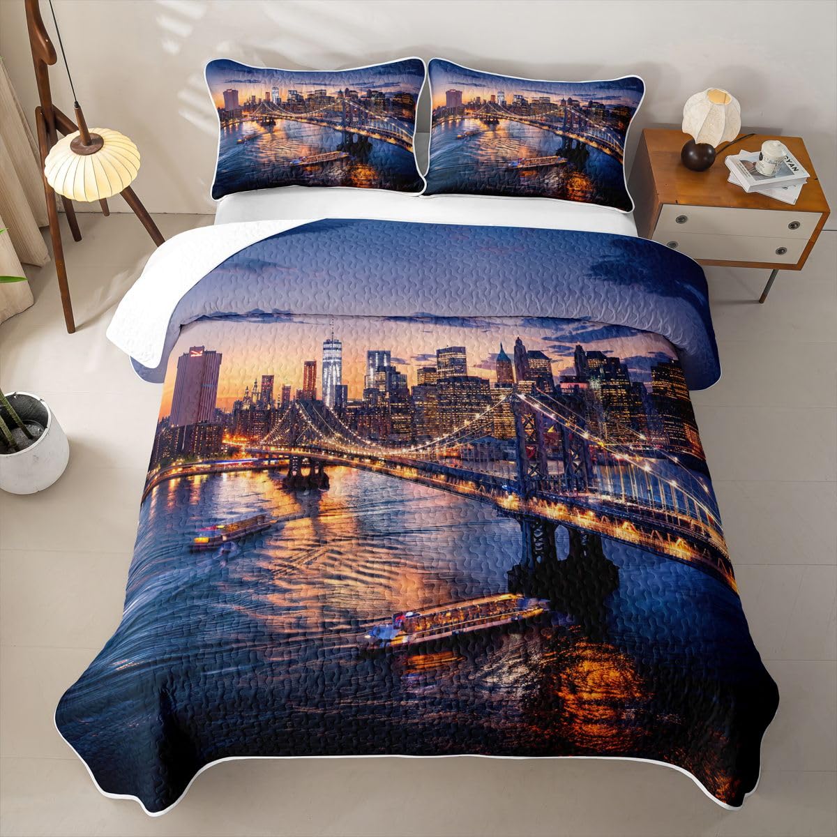 Erosebridal New York City Queen Quilt Bedding Set Cityscape Quilted Comforter Manhattan Skyline Bridge Bedspread Coverlet Sunset Scenery Quilted Blanket for Hot Sleepers Room Decor for Teen Girls