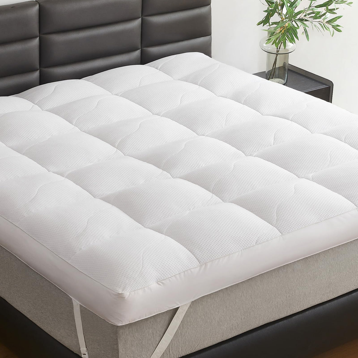 LeWinBedding Dual Layer 5 Inch Goose Feather Mattress Topper Full Size, 4 Inch Goose Feather Plus 1 Inch Down Alternative Pillow Top, Medium Firm Featherbed with Adjustable Straps(54"x75", Wavy)