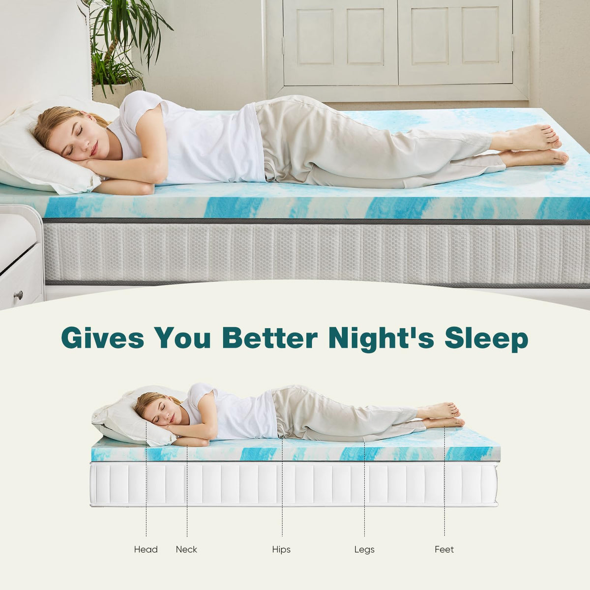 Sweetcrispy Mattress Topper Queen, Memory Foam 3 Inch Thick Gel Infused Cooling Pad for Pressure Relieve for Queen Size Bed, Sleeper Sofa, RV, Camper, CertiPUR US, Breathable