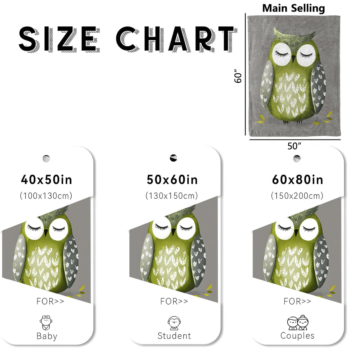 wyxdwh Cute Green Owl Blanket, Cozy Flannel Sleepy Cartoon Owls Throw Blanket for Couch Outdoor, Plush Soft Lightweight Travel Blankets for Bed Decor and Gifts, for Women Adults Boys Kids 50"x60"